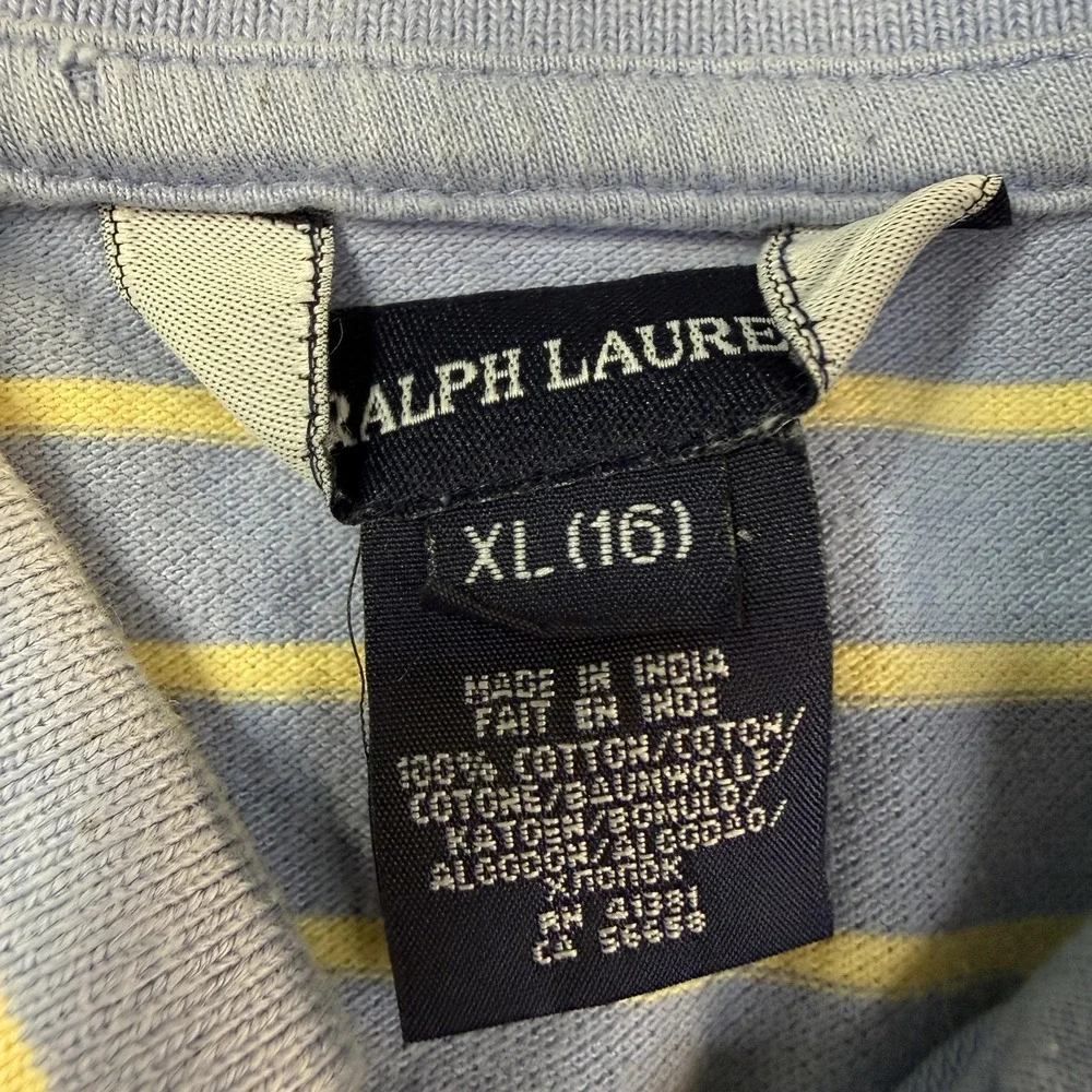 Ralph Lauren Polo Shirt Girls XL 16 Blue Yellow Striped Cotton Pony Preppy Y2K